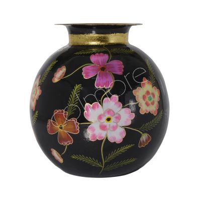 Vase schwarz mit Blattgold und Emaille-Blumen IR 36x36x36